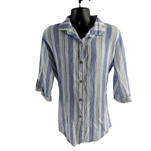 Viola Borghi Blue White Striped Linen Button Down Shirt‎ Made in Italy Size M